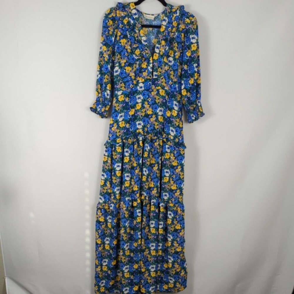 Melloday Ruffled Blue Yellow N Neck 3/4 Sleeve Flowy Maxi Dress Size Medium??